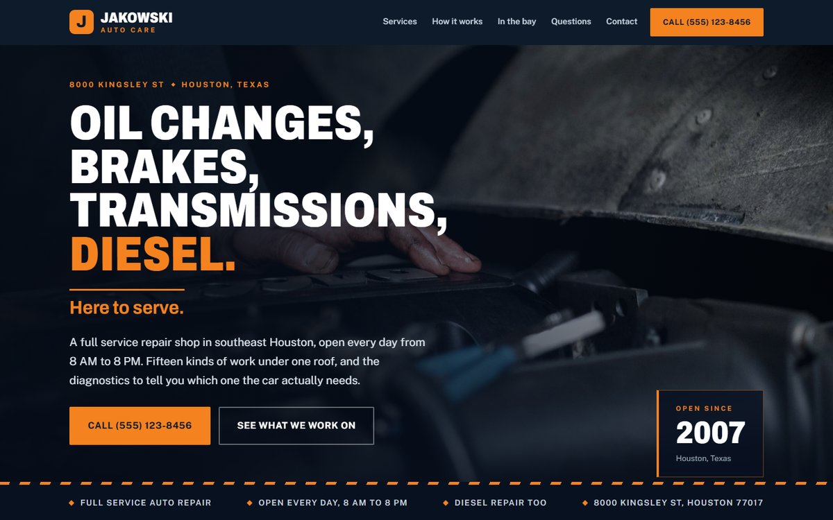 Concept homepage for a fictional auto repair shop: a navy and orange hero over an engine-bay photograph with a since-2007 card