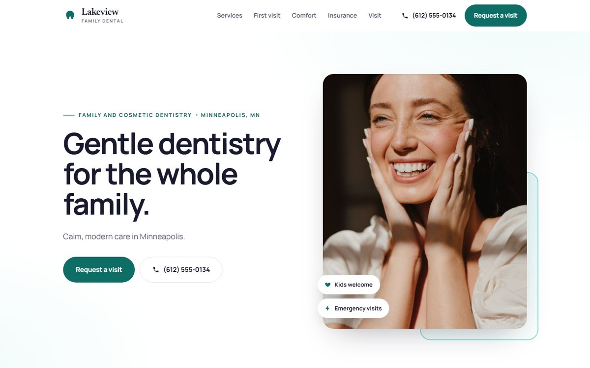 Concept homepage for a fictional dental practice: white and teal hero with a calm operatory photo