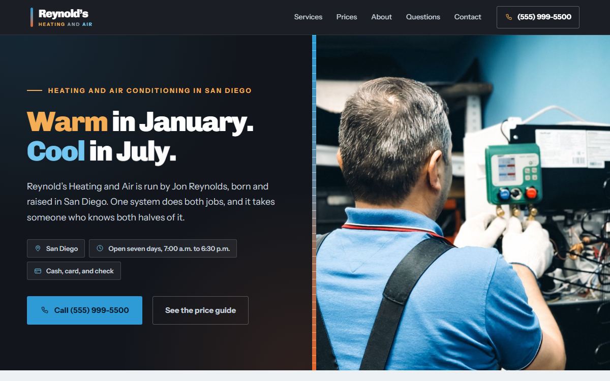 Concept homepage for a fictional heating and air company: a dark hero split by a cool-to-warm gradient seam beside a technician photograph