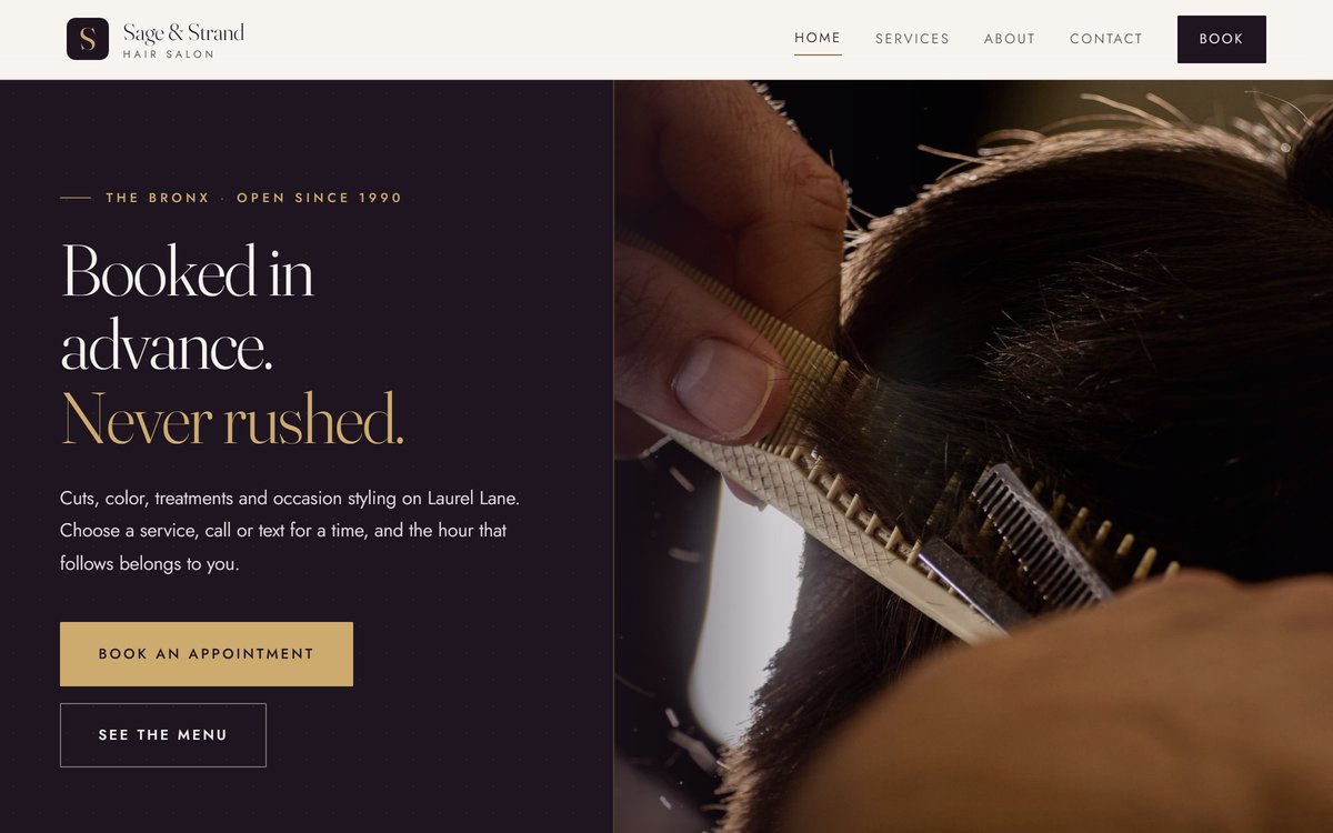 Concept homepage for a fictional hair salon: an aubergine split hero with champagne accents beside a close photograph of a haircut in progress